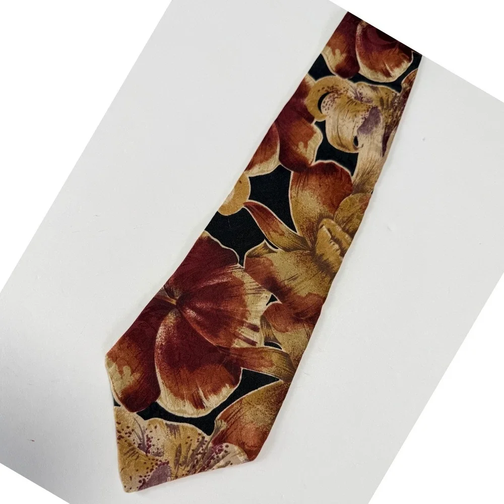 Aggio Floral Silk Tie Mens Rust Gold Orchid Print Classic Wide Fall Warm Autumn